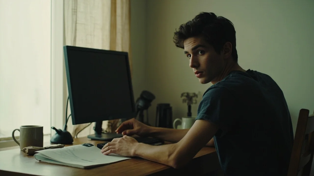 Adult viewer stepping away from a calm home desk