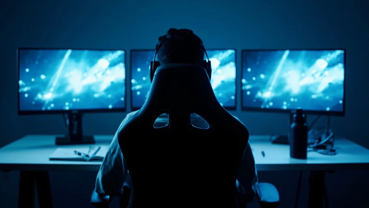 Caster's three-monitor broadcast setup