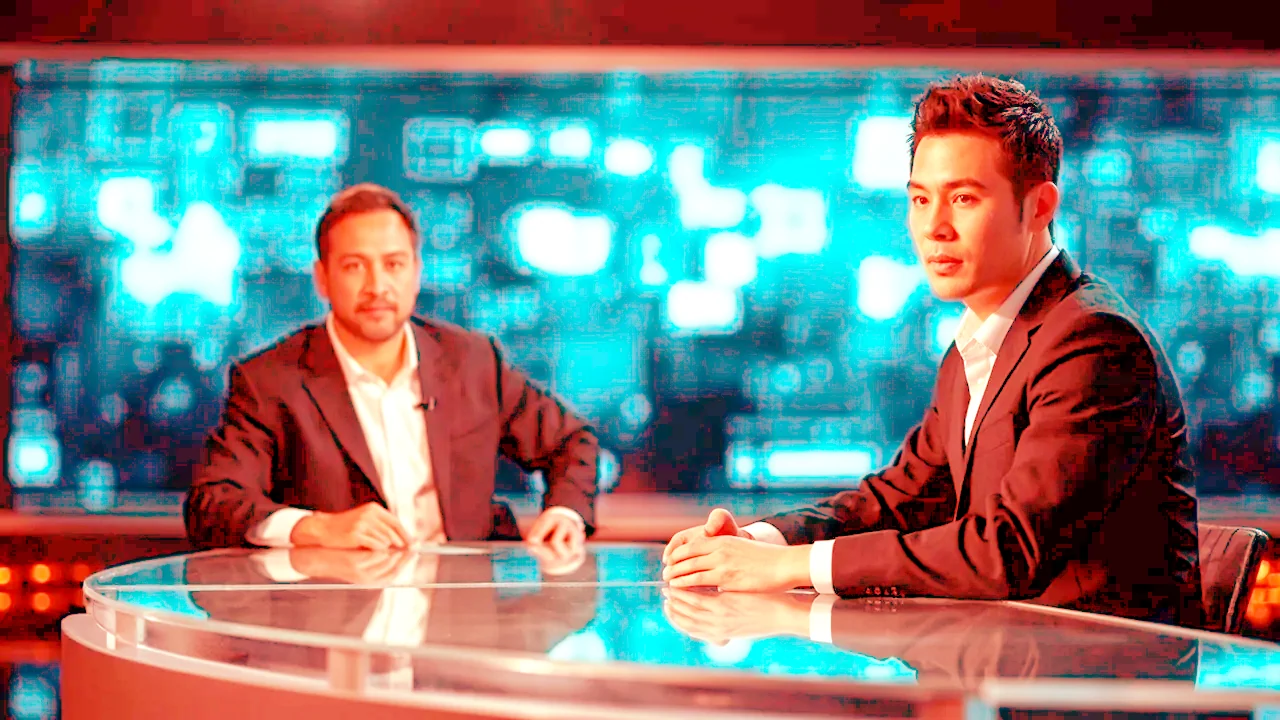 News studio desk with broadcast monitors