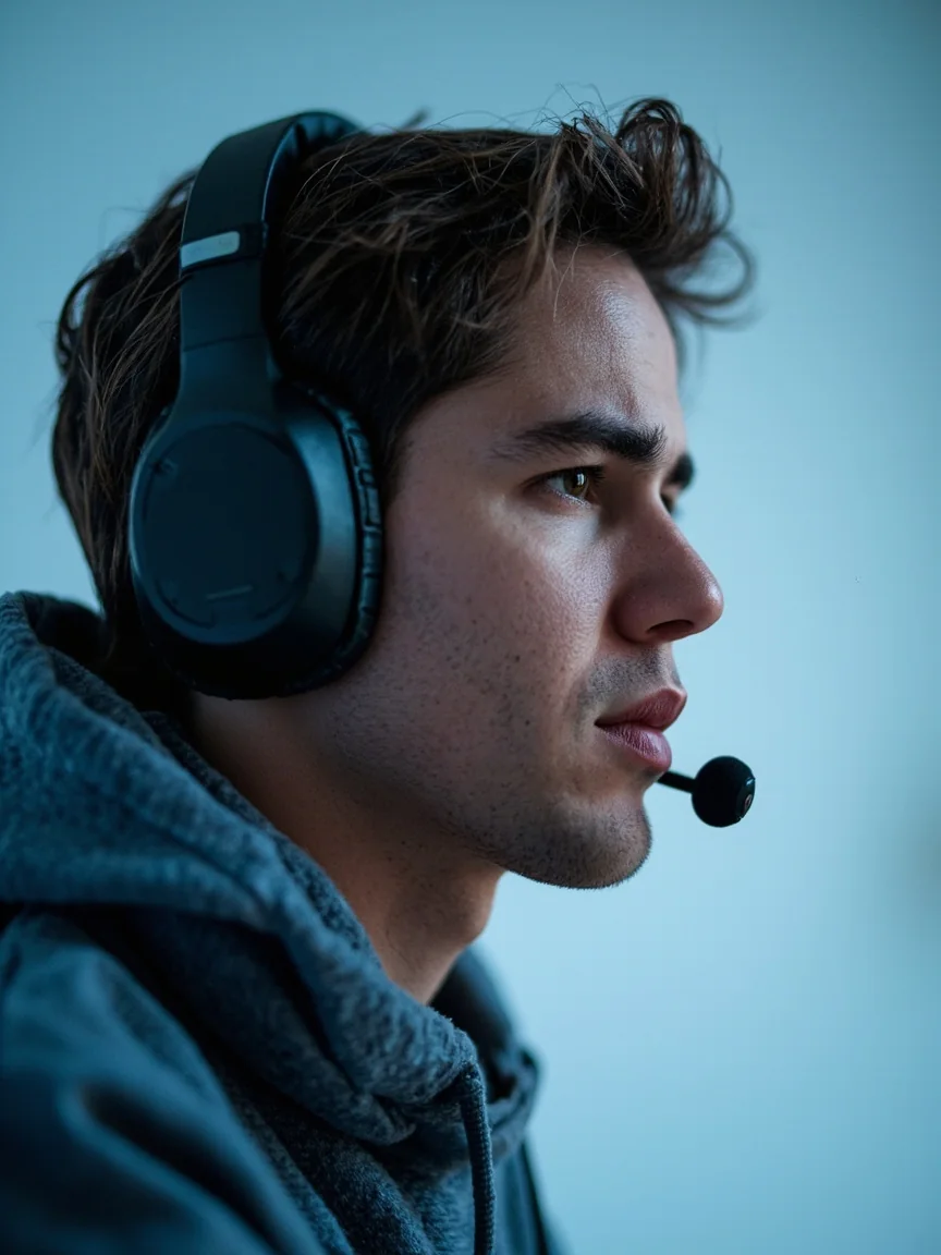 Close-up of a player wearing an over-ear headset