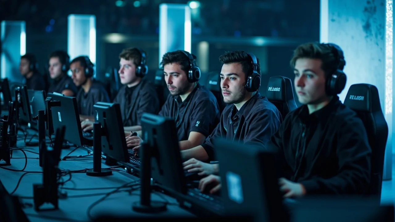 Five-player team lineup seated at competition desks on stage